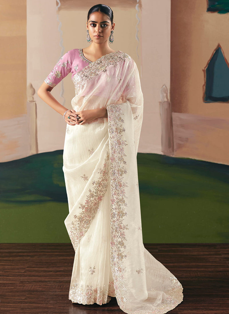 Fancy Fabric Off White Saree with Embroidery Work for Wedding Wear 384687