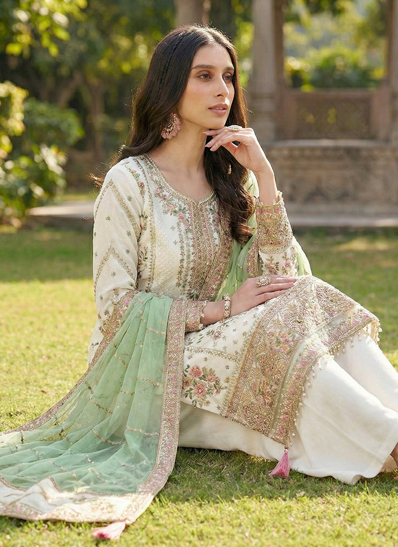 Off White Faux Georgette Embroidery Work Eid Wear Pakistani Suit SW800442