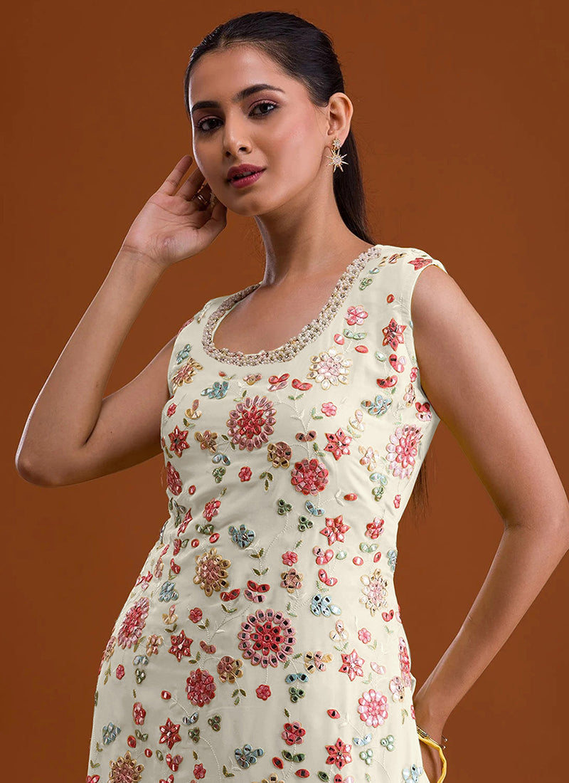 Faux Georgette Off White Festival Wear Thread Embroidery Work Sharara Suit 382773