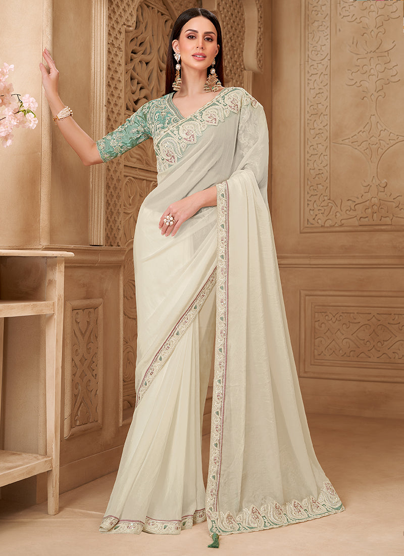 Georgette Off White Party Wear Embroidery Work Saree 385719