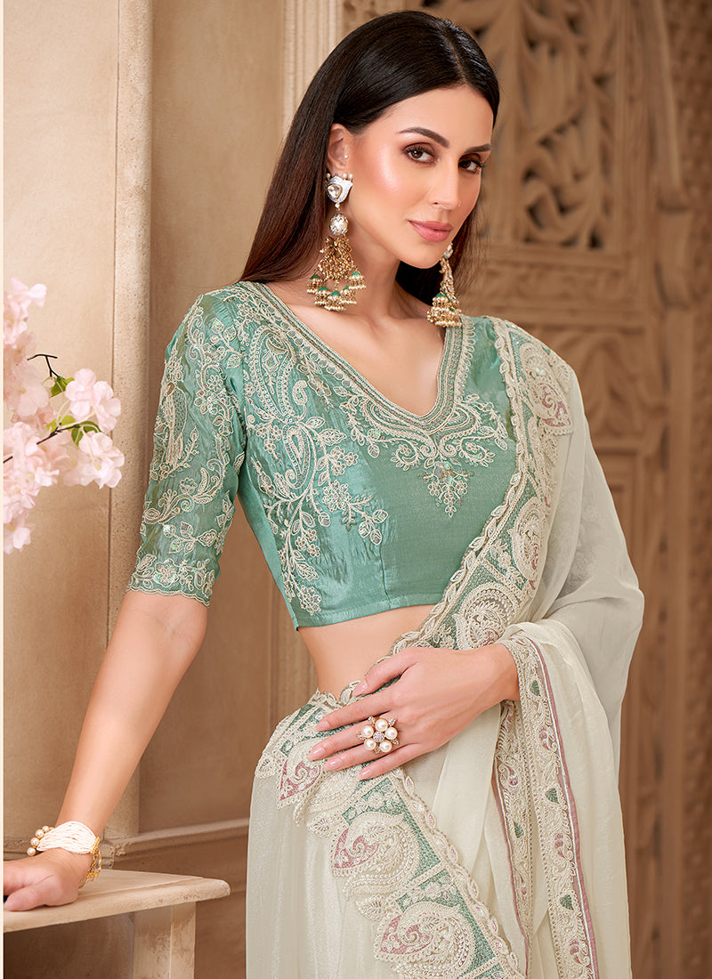 Georgette Off White Party Wear Embroidery Work Saree 385719