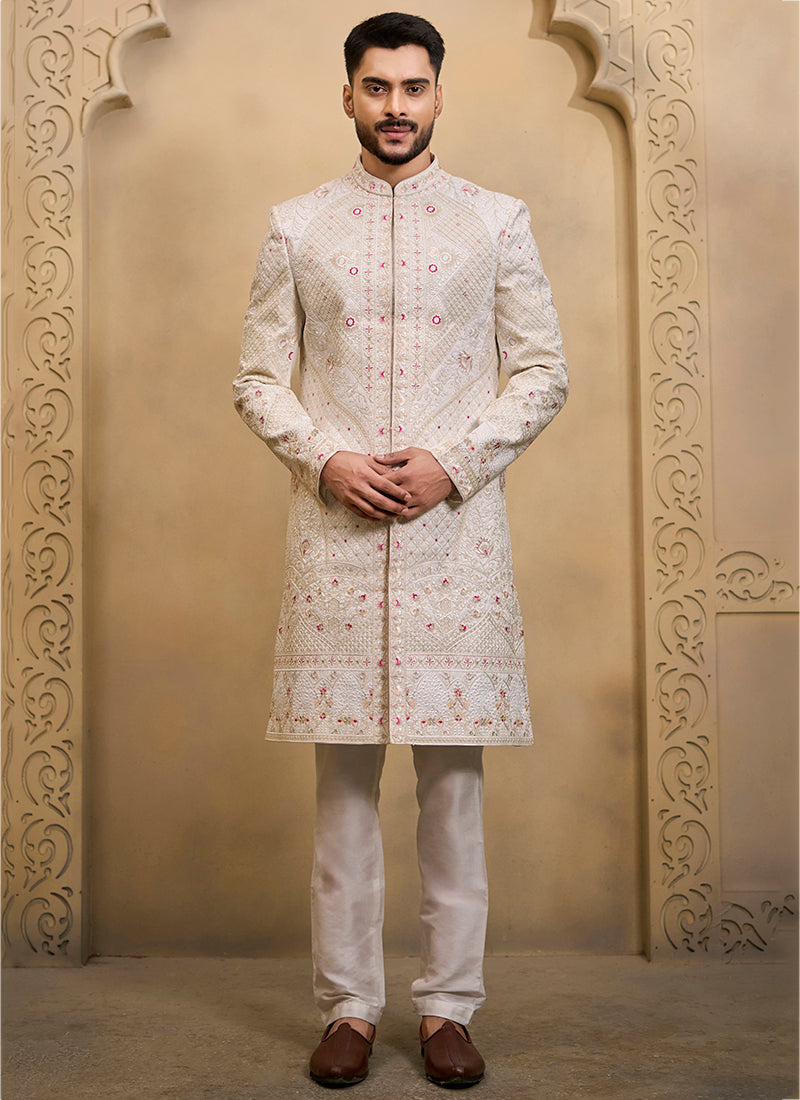 Off White Heavy Silk Heavy Embroidery Work Groom Wear Readymade Groom Sherwani SW496737