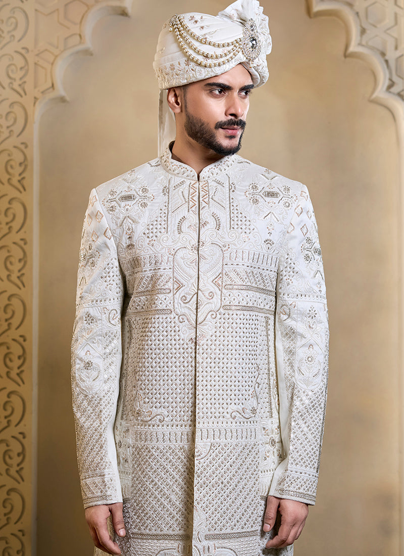 Off White Heavy Silk Heavy Embroidery Work Groom Wear Readymade Groom Sherwani SW682122