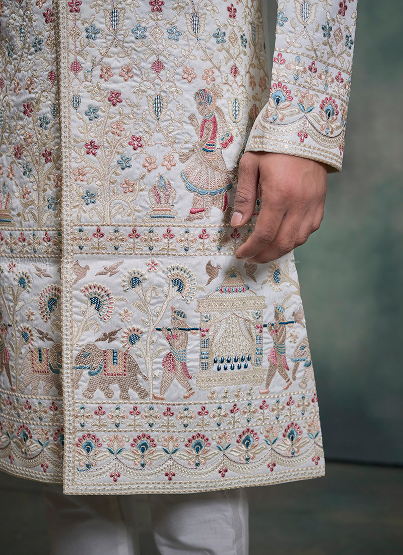 Off White Heavy Silk Heavy Embroidery Work Groom Wear Readymade Groom Sherwani SW178791