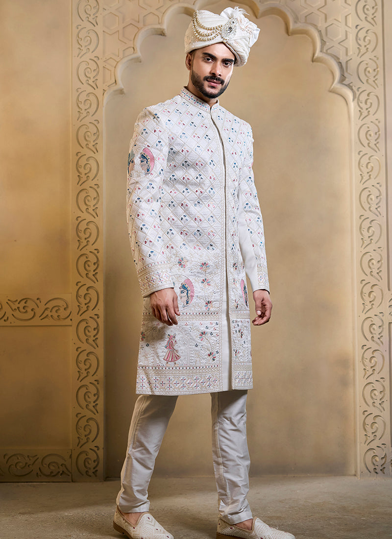 Off White Heavy Silk Heavy Embroidery Work Groom Wear Readymade Groom Sherwani SW496503