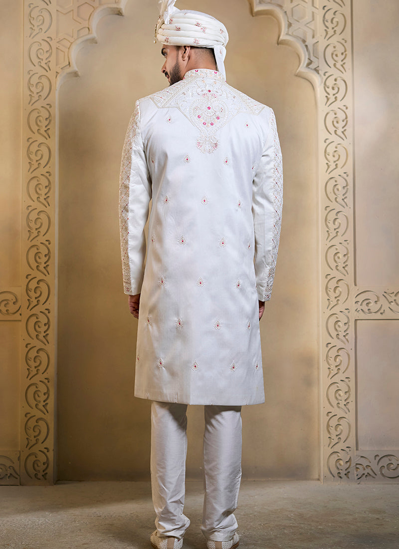 Off White Heavy Silk Heavy Embroidery Work Groom Wear Readymade Groom Sherwani SW172934