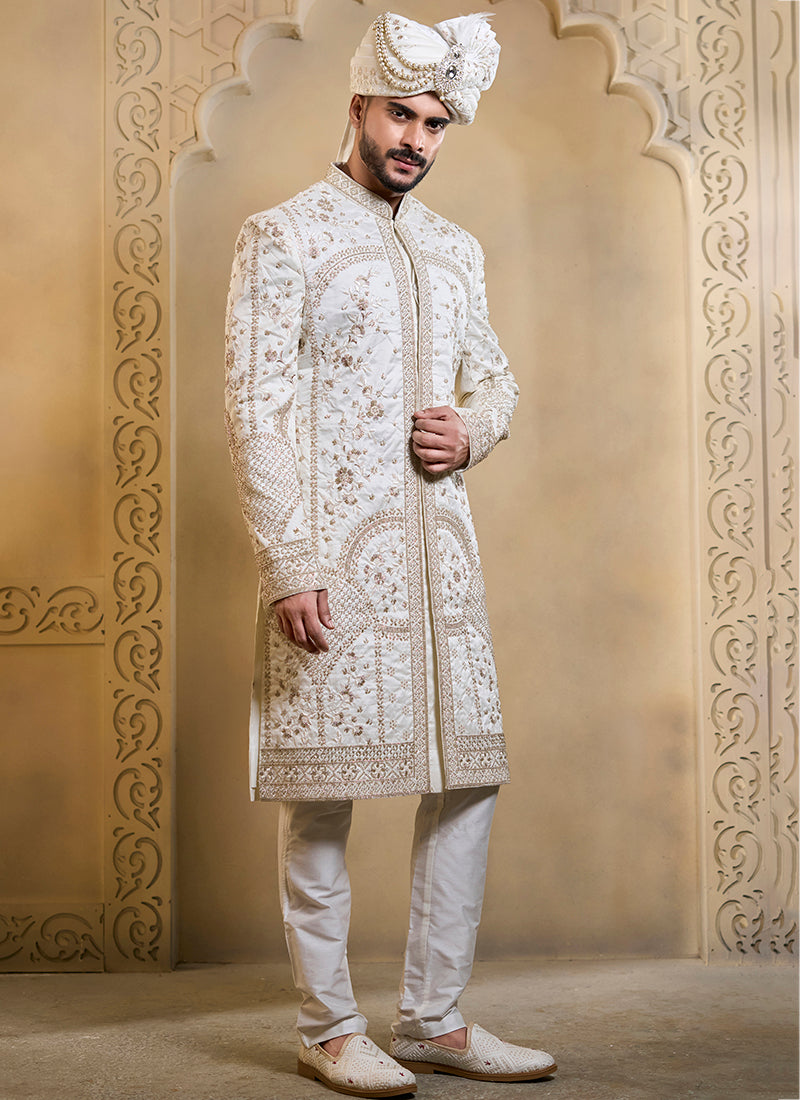 Off White Heavy Silk Heavy Embroidery Work Groom Wear Readymade Groom Sherwani SW766496