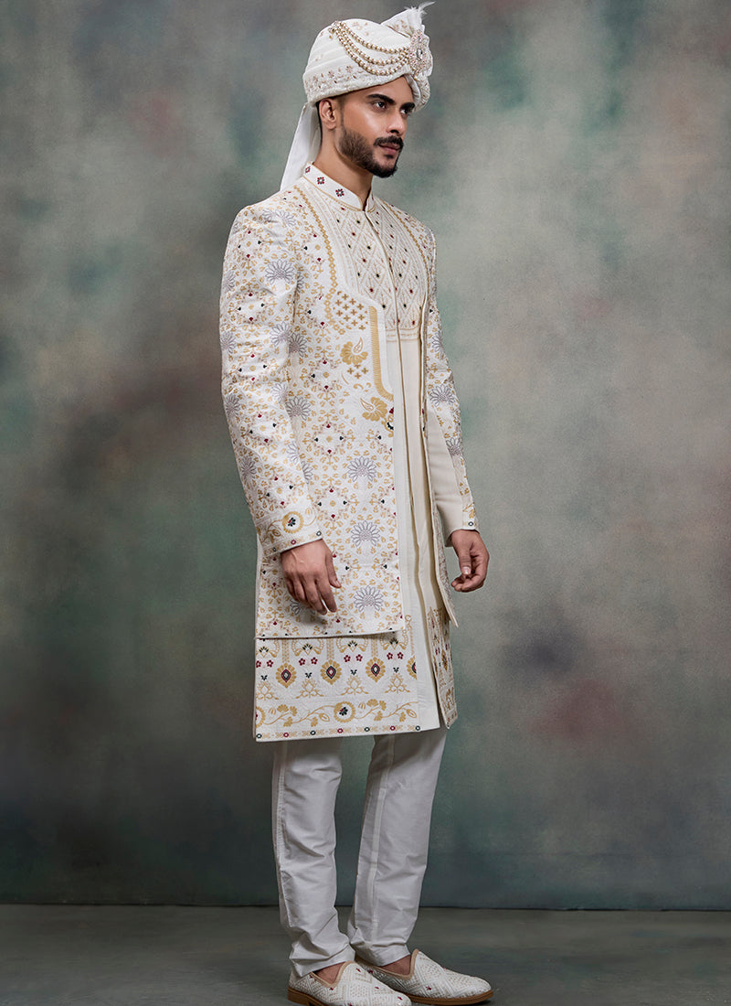 Off White Heavy Silk Jacquard Groom Wear Readymade Groom Sherwani SW819630