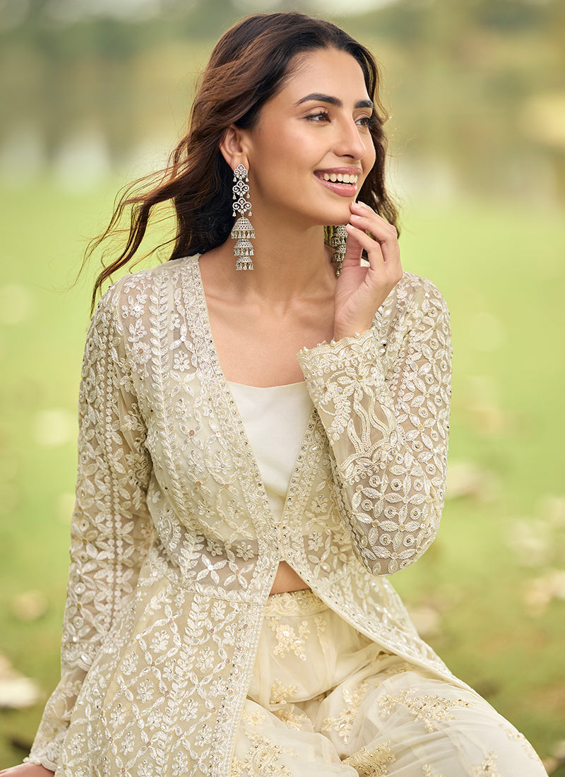 Off White Net Embroidery Work Eid Wear Readymade Plazzo Suit SW532350