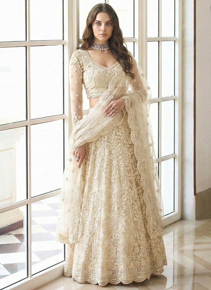 Off White Net Embroidery Work Occasional Wear Lehenga Choli SW201471