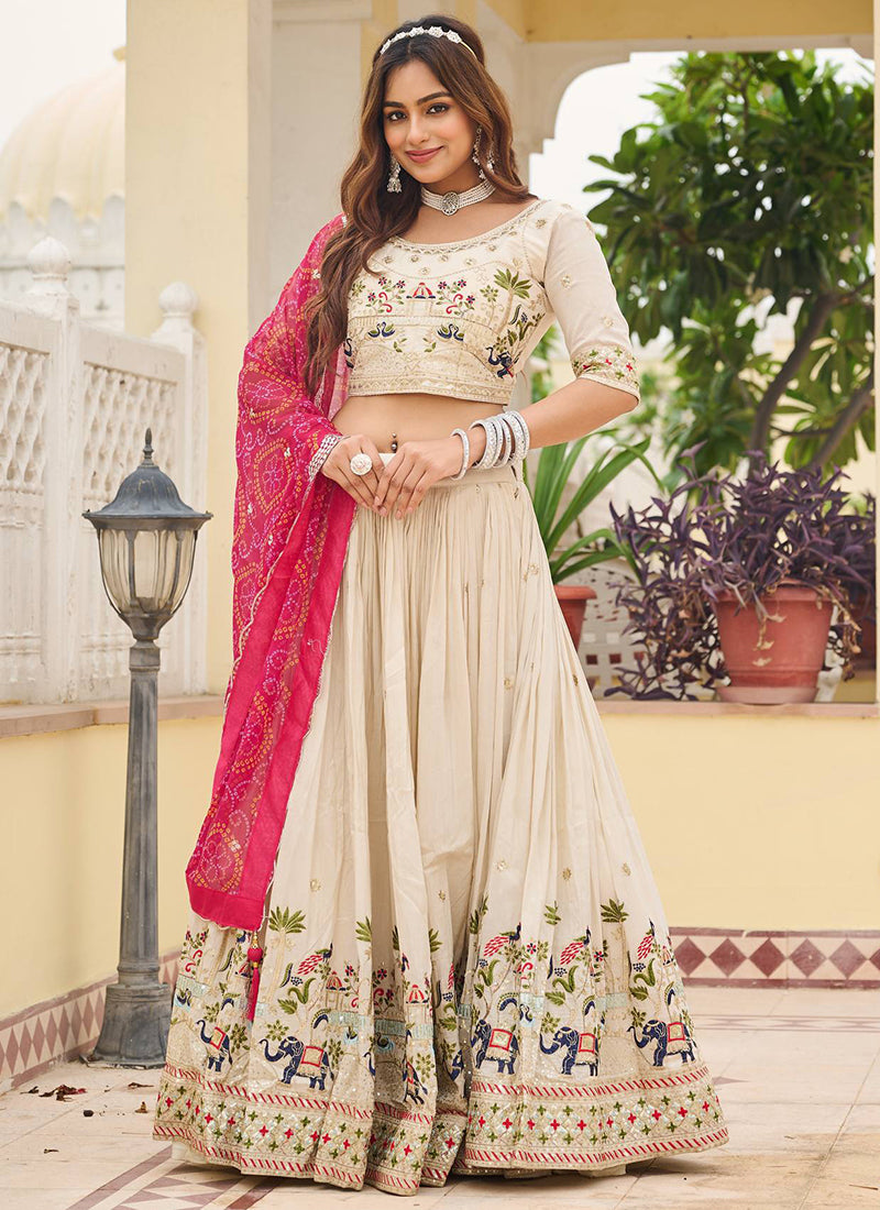 Tissue Silk Off White Festival Wear Embroidery Work Readymade Lehenga Choli 385538