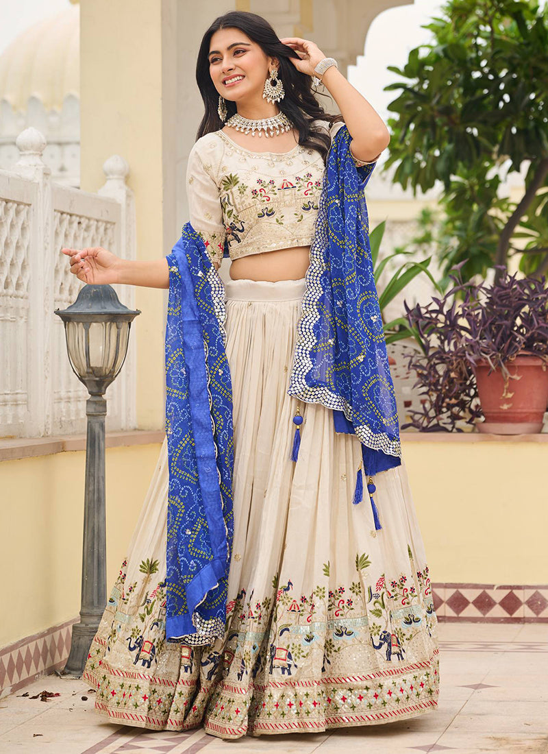 Tissue Silk Off White Festival Wear Embroidery Work Readymade Lehenga Choli 385539