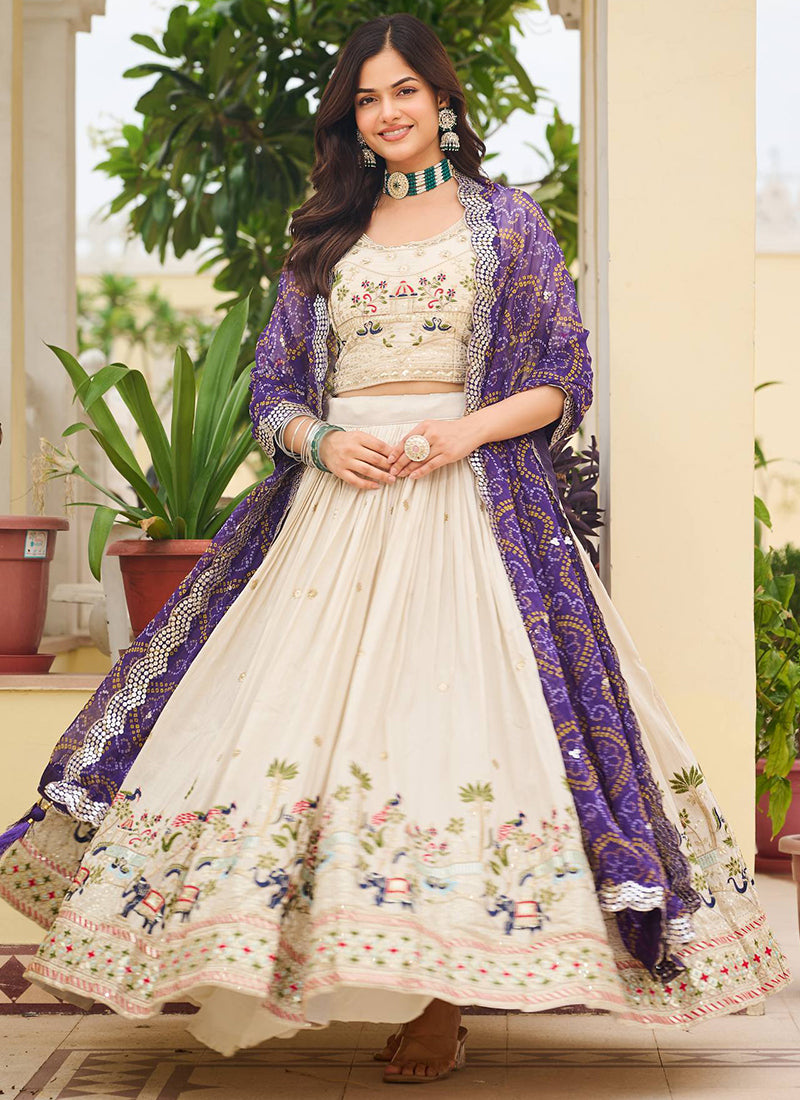 Tissue Silk Off White Festival Wear Embroidery Work Readymade Lehenga Choli 385540
