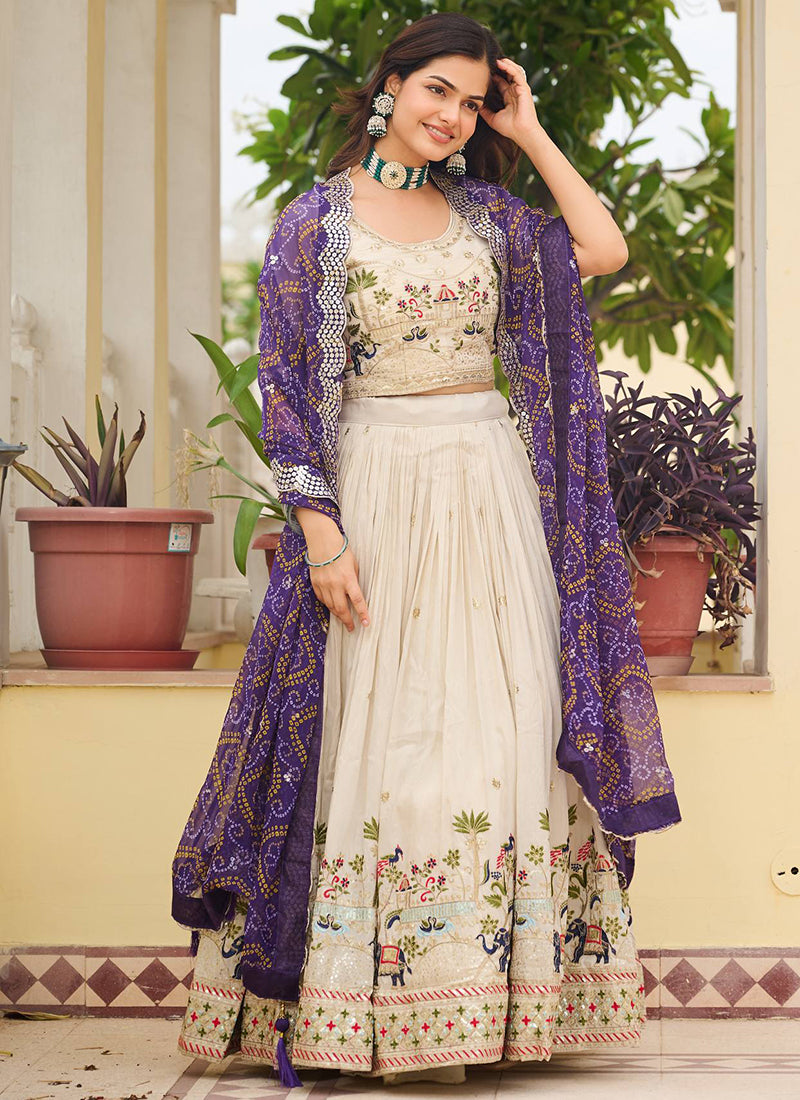 Tissue Silk Off White Festival Wear Embroidery Work Readymade Lehenga Choli 385540