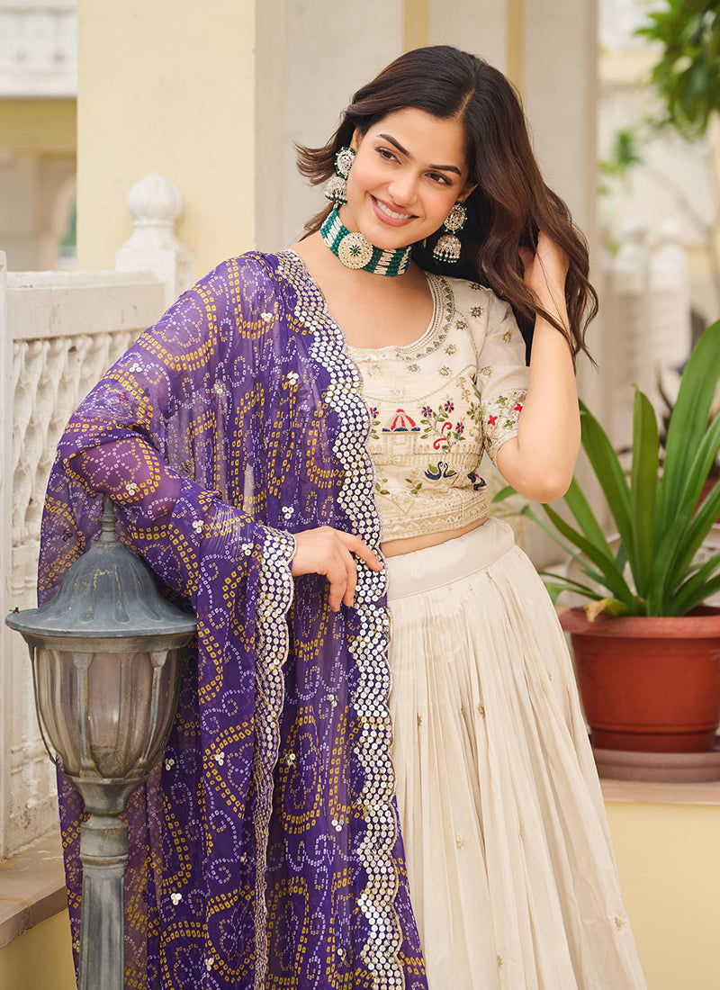 Tissue Silk Off White Festival Wear Embroidery Work Readymade Lehenga Choli 385540