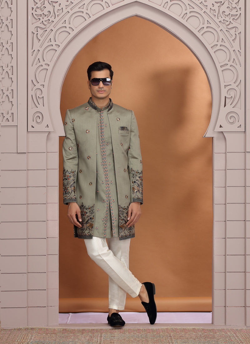 Art Silk Olive Green Wedding Wear Embroidery Work Readymade Indo Western Sherwani 386013