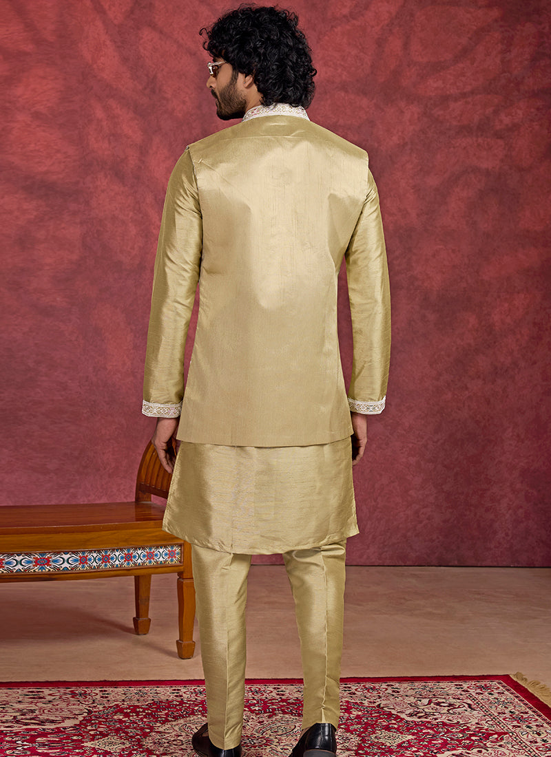 Art Silk Olive Green Wedding Wear Embroidery Work Readymade IndoWestern Sherwani 387388