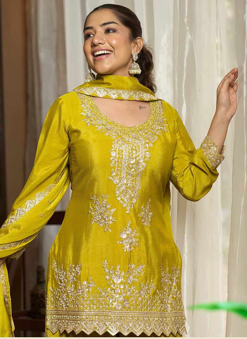 Olive Green Chinon Silk Sequins Work Wedding Wear Readymade Plazzo Suit SW763416