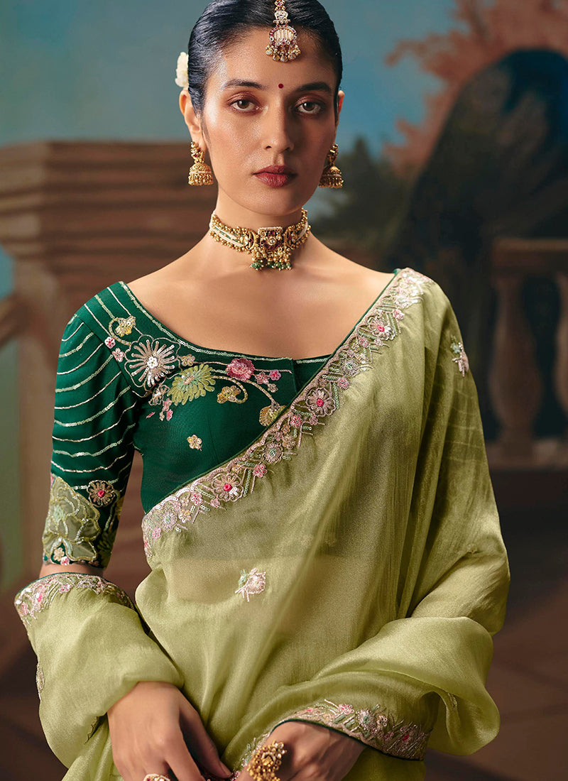 Olive Green Fancy Sequins Work Wedding Wear Saree SW723103