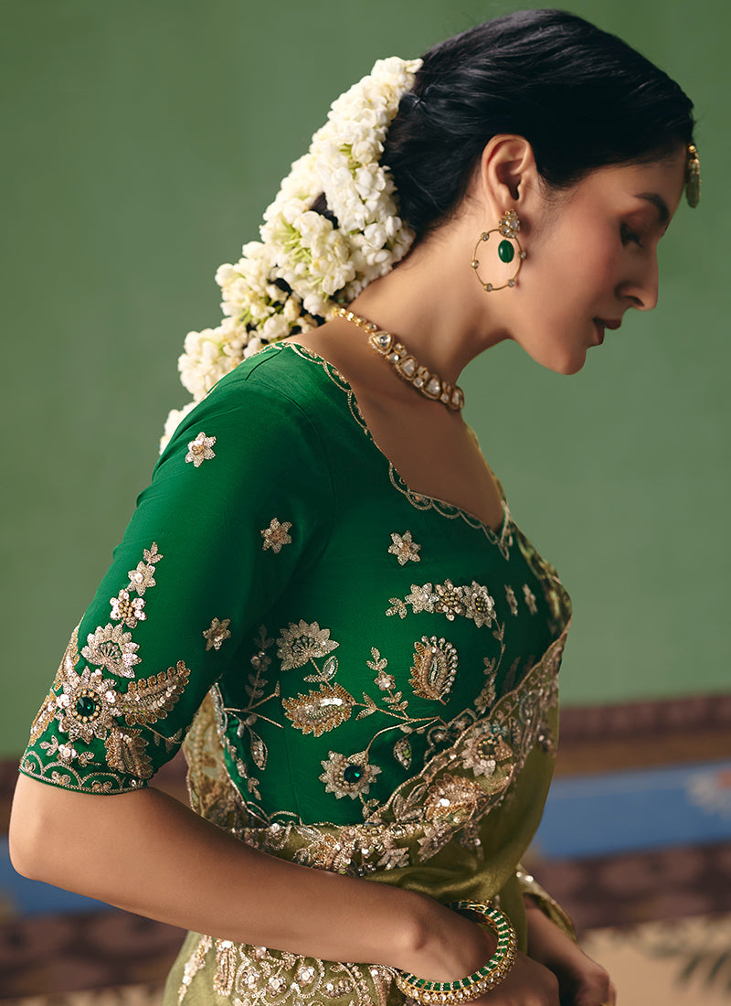 Olive Green Fancy Embroidery Work Wedding Wear Saree SW514574
