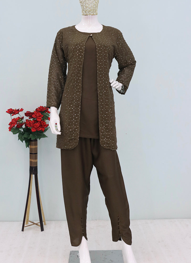 Olive Green Faux Georgette Embroidery Work Casual Wear Readymade Designer Kurti SW688584