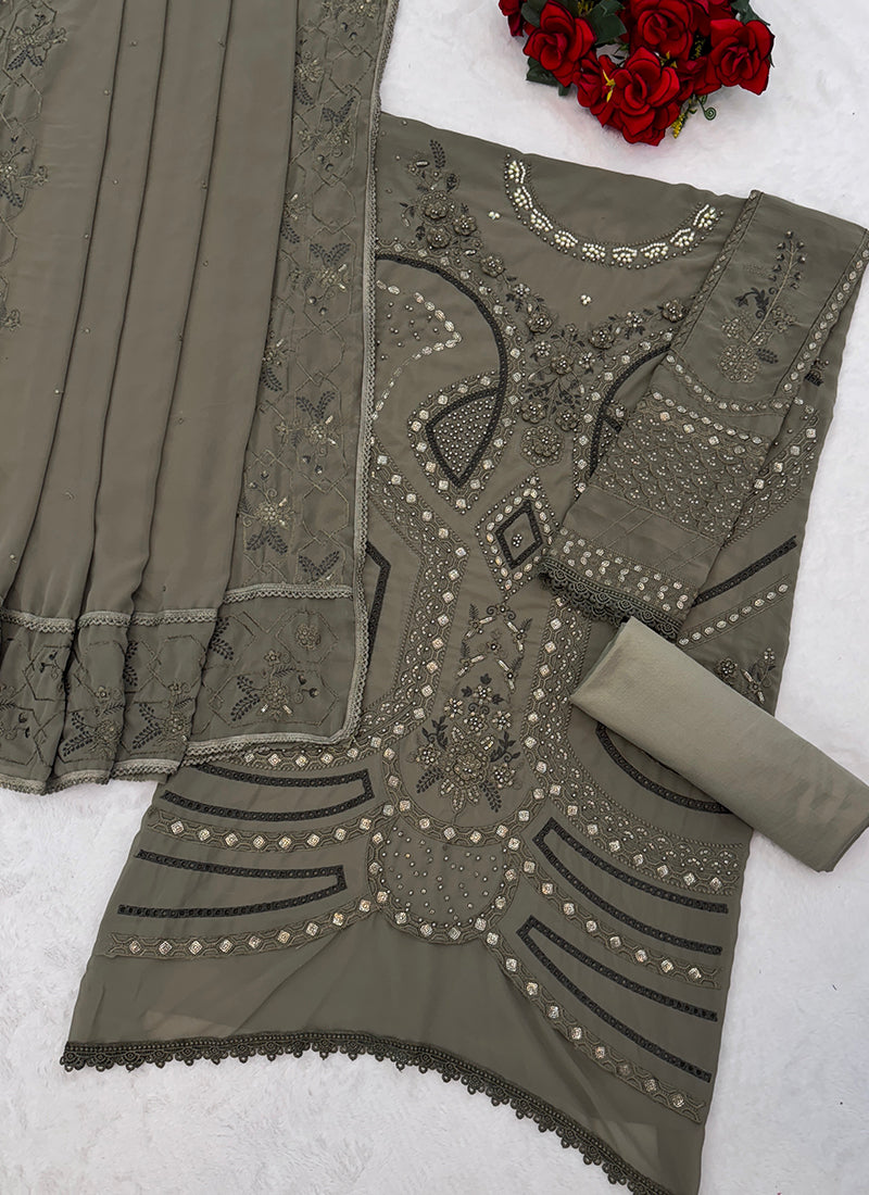 Faux Georgette Olive Green Eid Wear Embroidery Work Pakistani Suit 387662