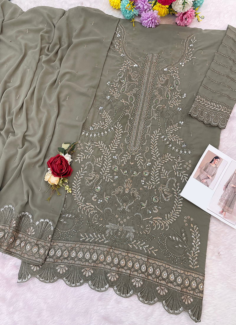 Faux Georgette Olive Green Eid Wear Zari Embroidery Work Pakistani Suit 388385