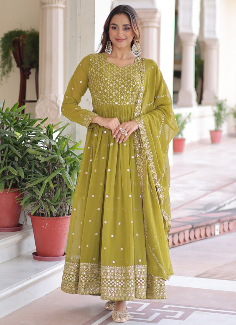 Faux Georgette Olive Green Festival Wear Sequin Embroidery Work Readymade Anarkali Suit 388122