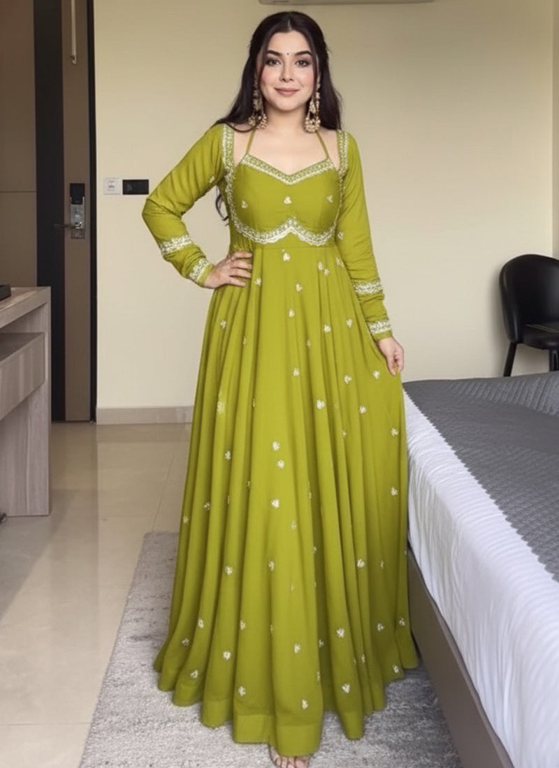 Faux Georgette Olive Green Festive Wear Sequins Embroidery Work Readymade Anarkali Suit 388247