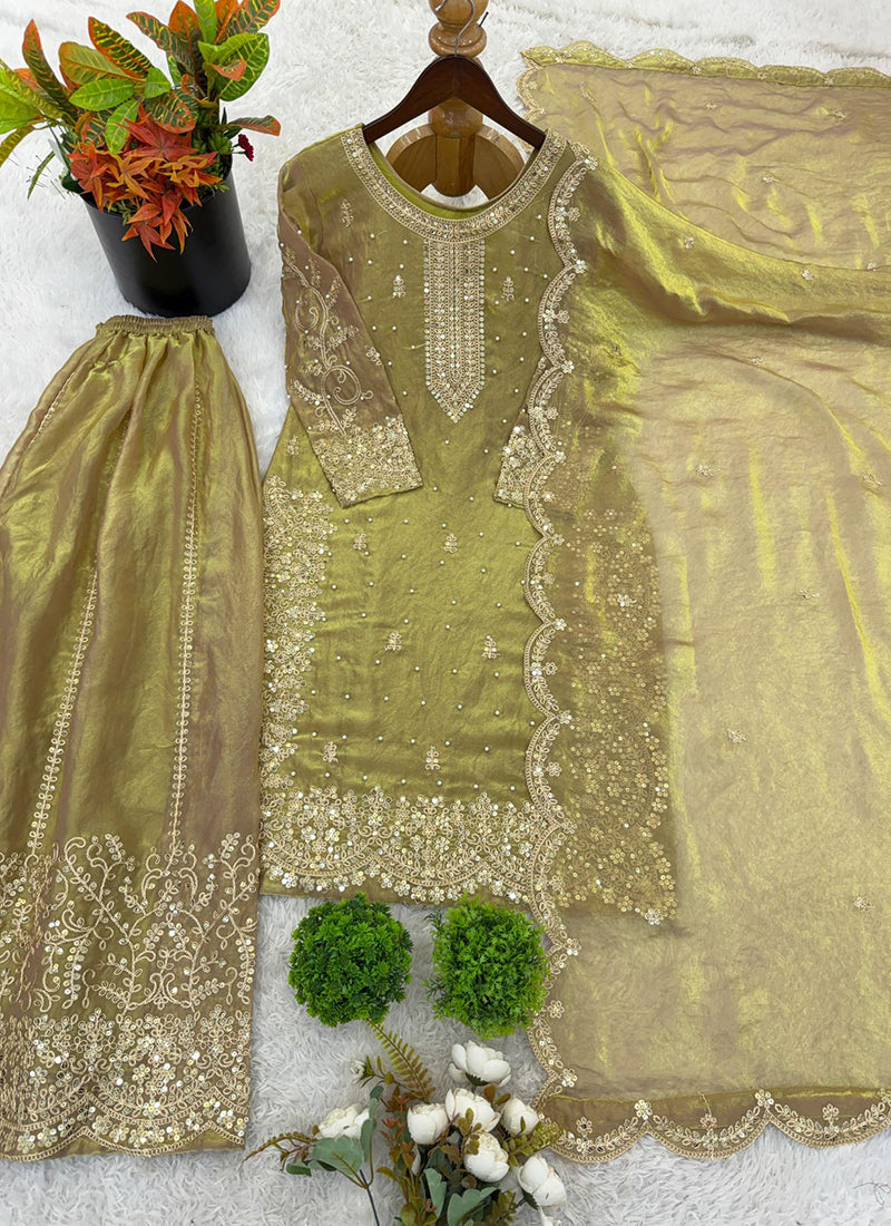 Olive Green Fendy Silk Embroidery Work Occasional Wear Readymade Plazzo Suit SW243386