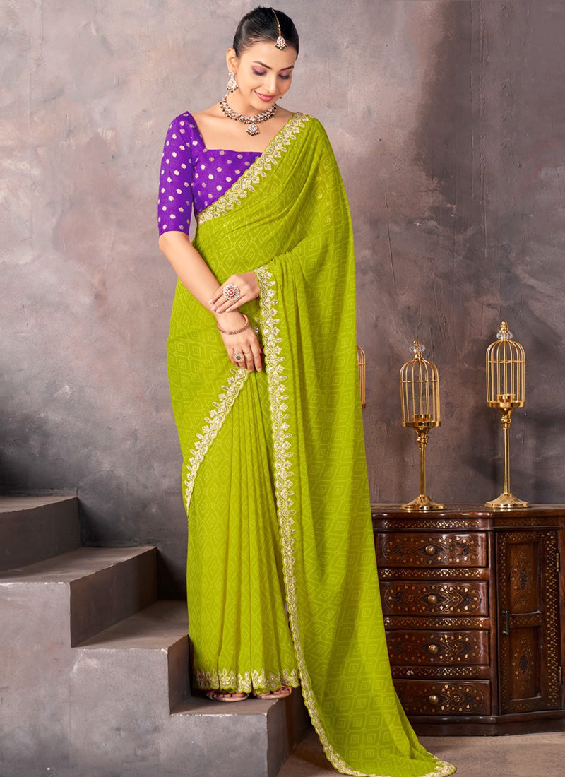 Georgette Olive Green Saree with Embroidery Work for Daily Wear 382817