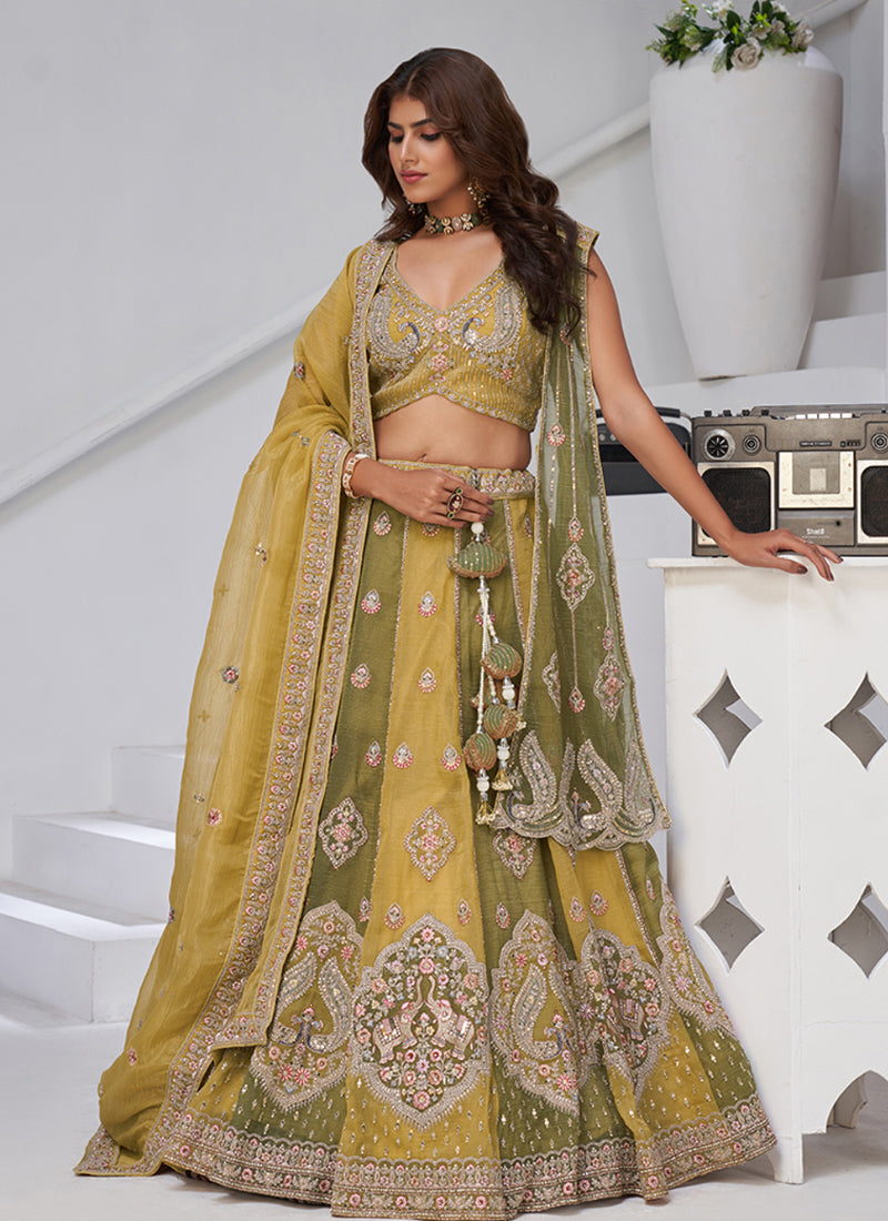 Georgette Olive Green Wedding Wear Zari Embroidery Work Lehenga Choli 385993