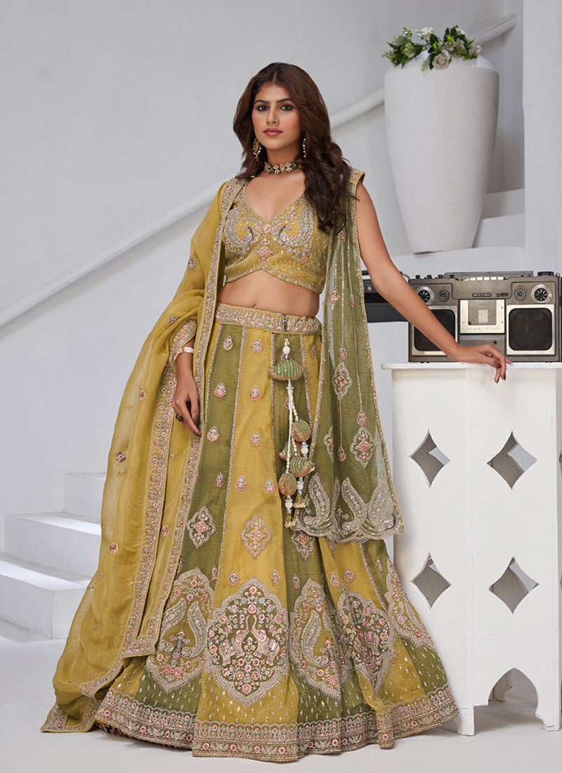 Georgette Olive Green Wedding Wear Zari Embroidery Work Lehenga Choli 385993