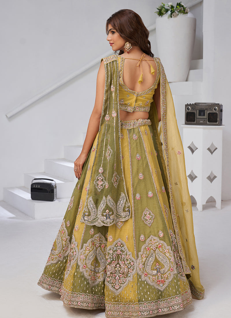 Georgette Olive Green Wedding Wear Zari Embroidery Work Lehenga Choli 385993