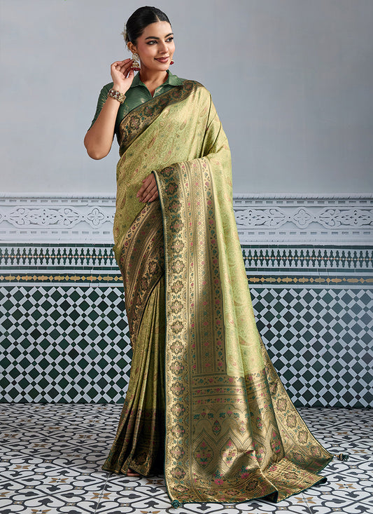 Kanjivaram Silk Olive Green Saree with Meenakari Work for Party Wear 383722