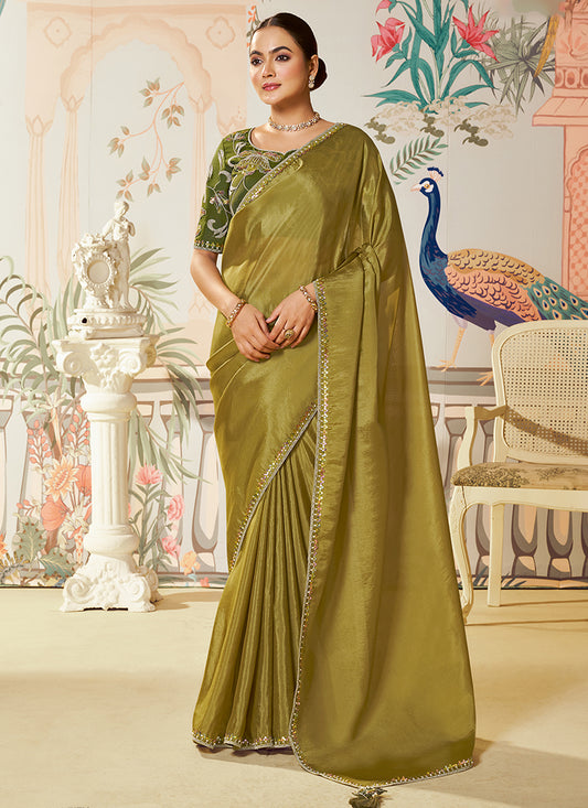 Silk Olive Green Saree with Embroidery Work for Festival Wear 385033