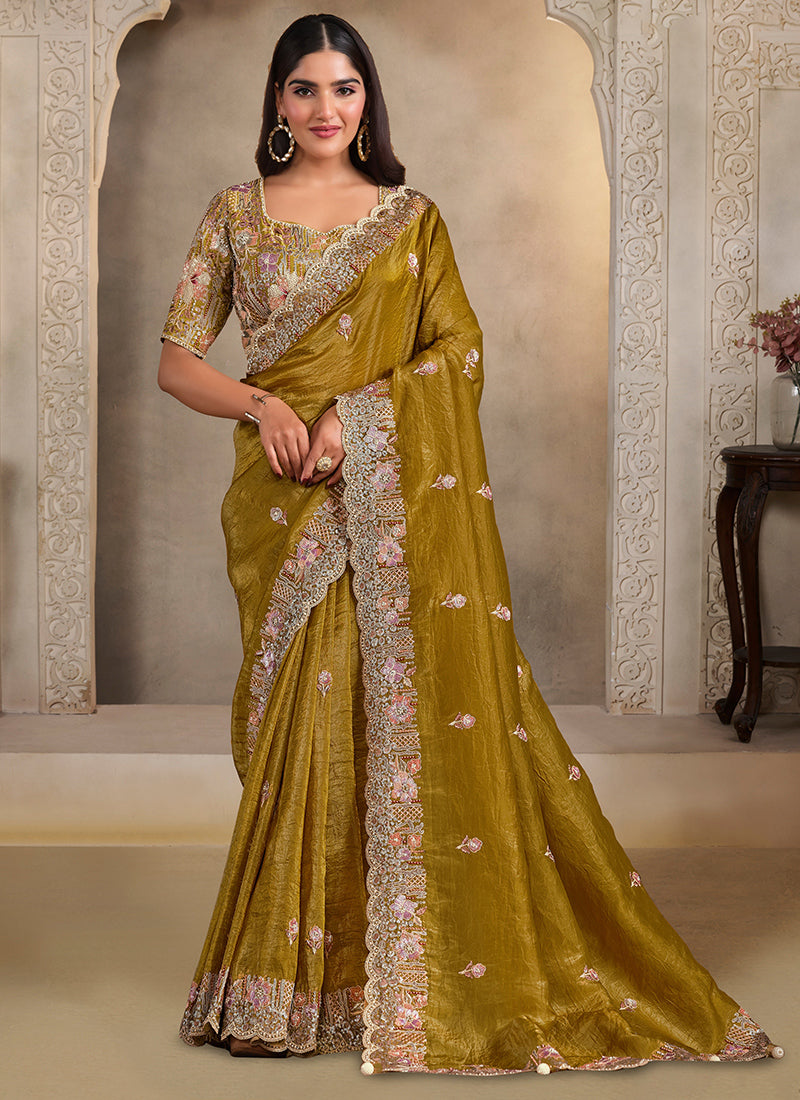 Silk Olive Green Wedding Wear Embroidery Work Saree 386126