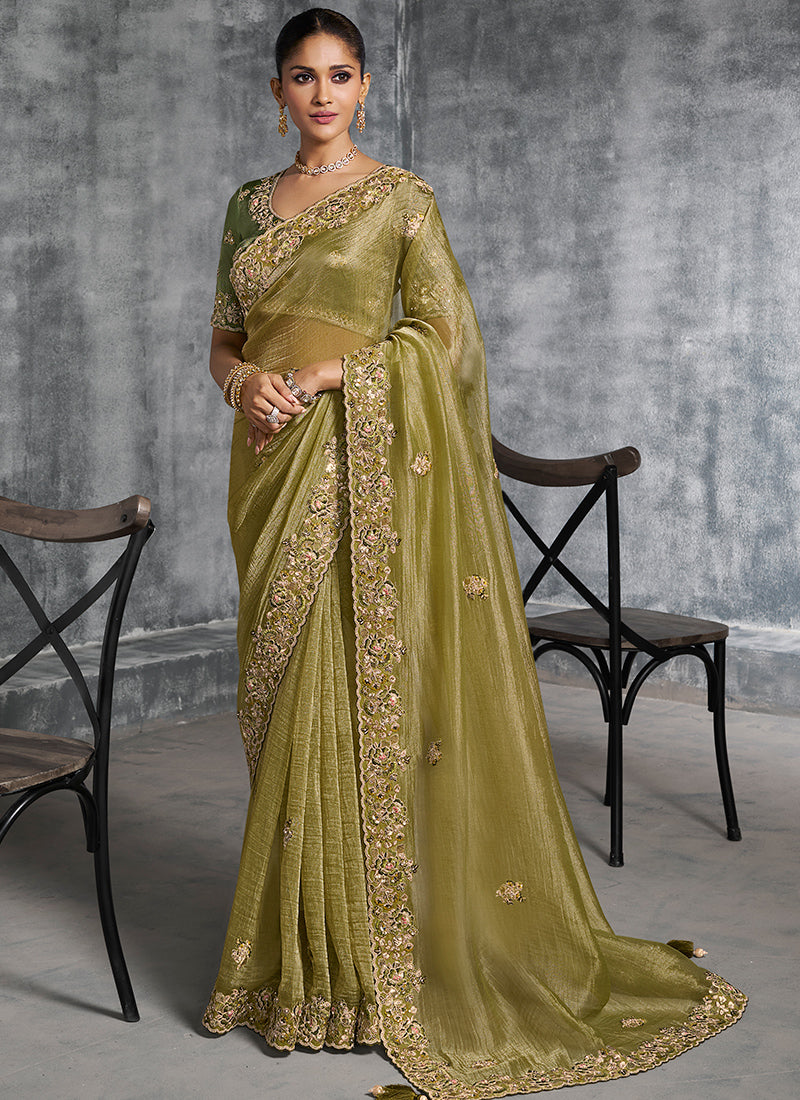 Silk Olive Green Saree with Embroidery Work for Wedding Wear 385012