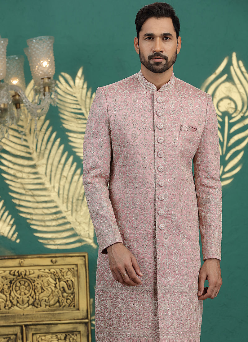 Art Silk Onion Groom Wear Thread Work Readymade Sherwani 385486