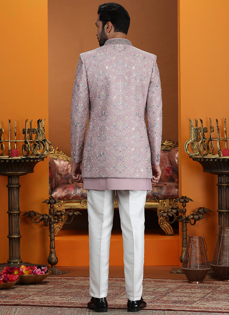 Art Silk Onion Party Wear Computer Thread Work Readymade IndoWestern Sherwani 387373