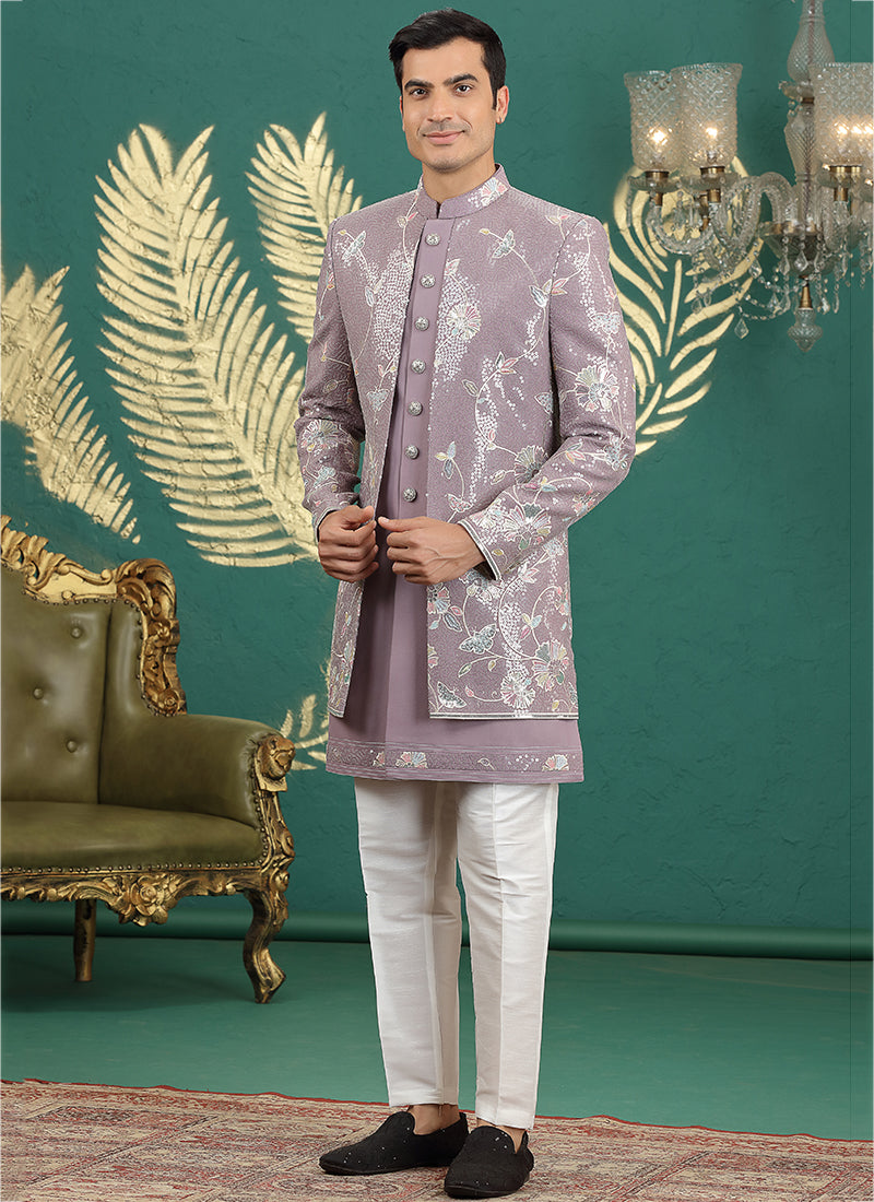 Art Silk Onion Party Wear Computer Thread Work Readymade IndoWestern Sherwani 387377