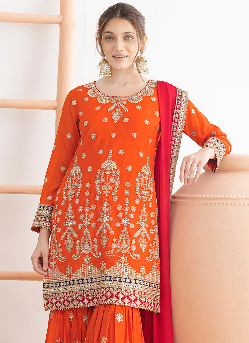 Chinnon Orange Wedding Wear Embroidery Work Readymade Sharara Suit 384919