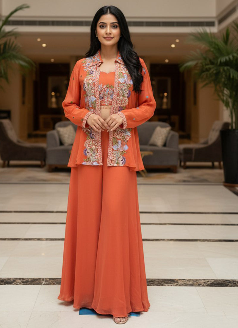 Orange Chinon Silk Embroidery Work Occasional Wear Readymade Paty Wear SW672822
