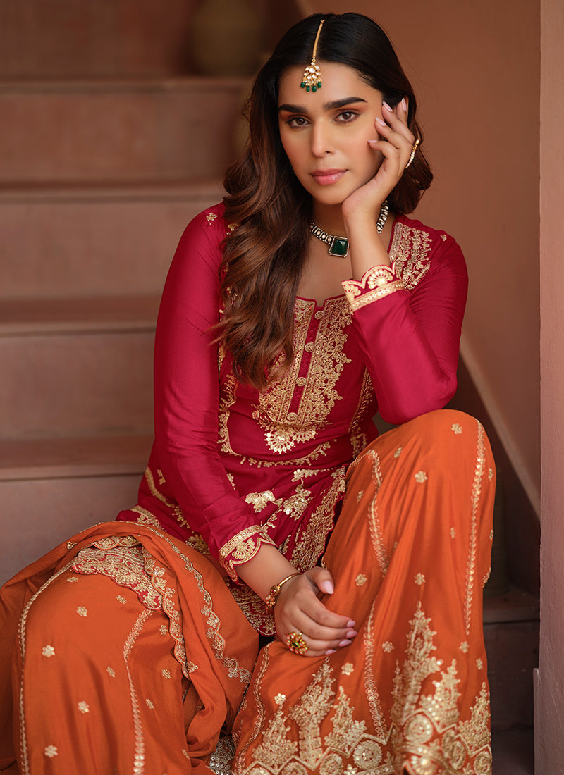 Orange Chinon Silk Zari Embroidery Work Wedding Wear Readymade Plazzo Suit SW886287