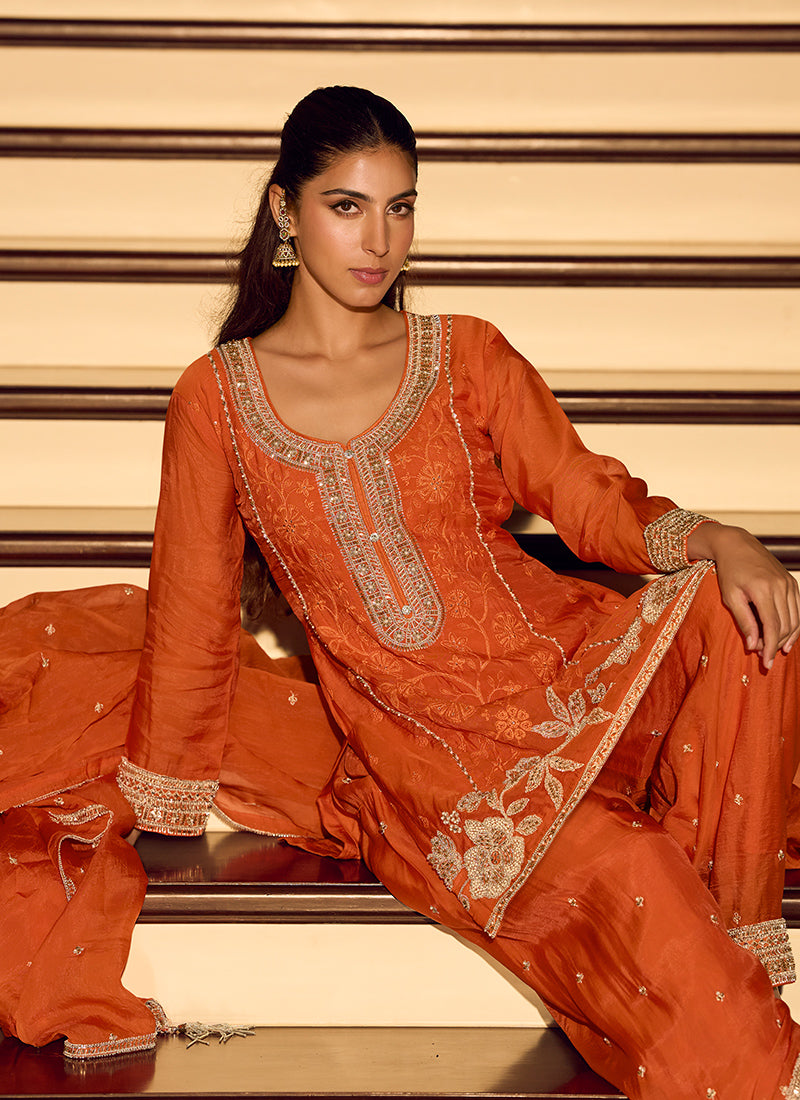 Chinon Silk Orange Wedding Wear Zari Embroidery Work Readymade Salwar Suit 388779