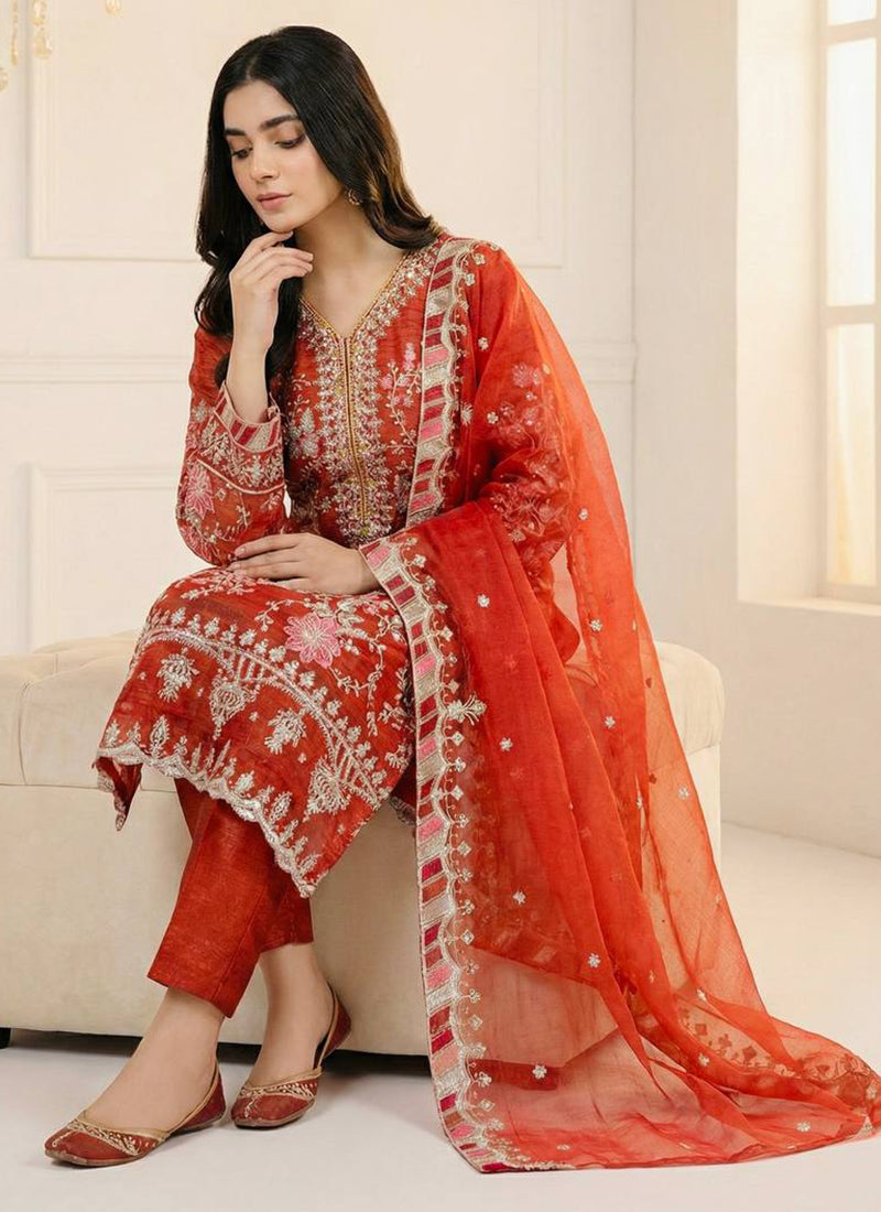 Orange Crunchy Silk Zari Work Eid Wear Readymade Salwar Suit SW823459