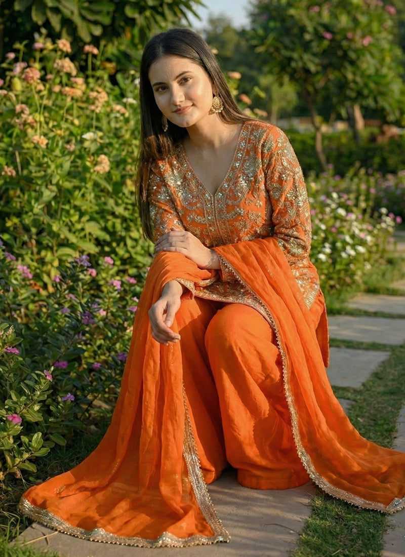Orange Faux Georgette Embroidery Work Party Wear Readymade Plazzo Suit SW872219