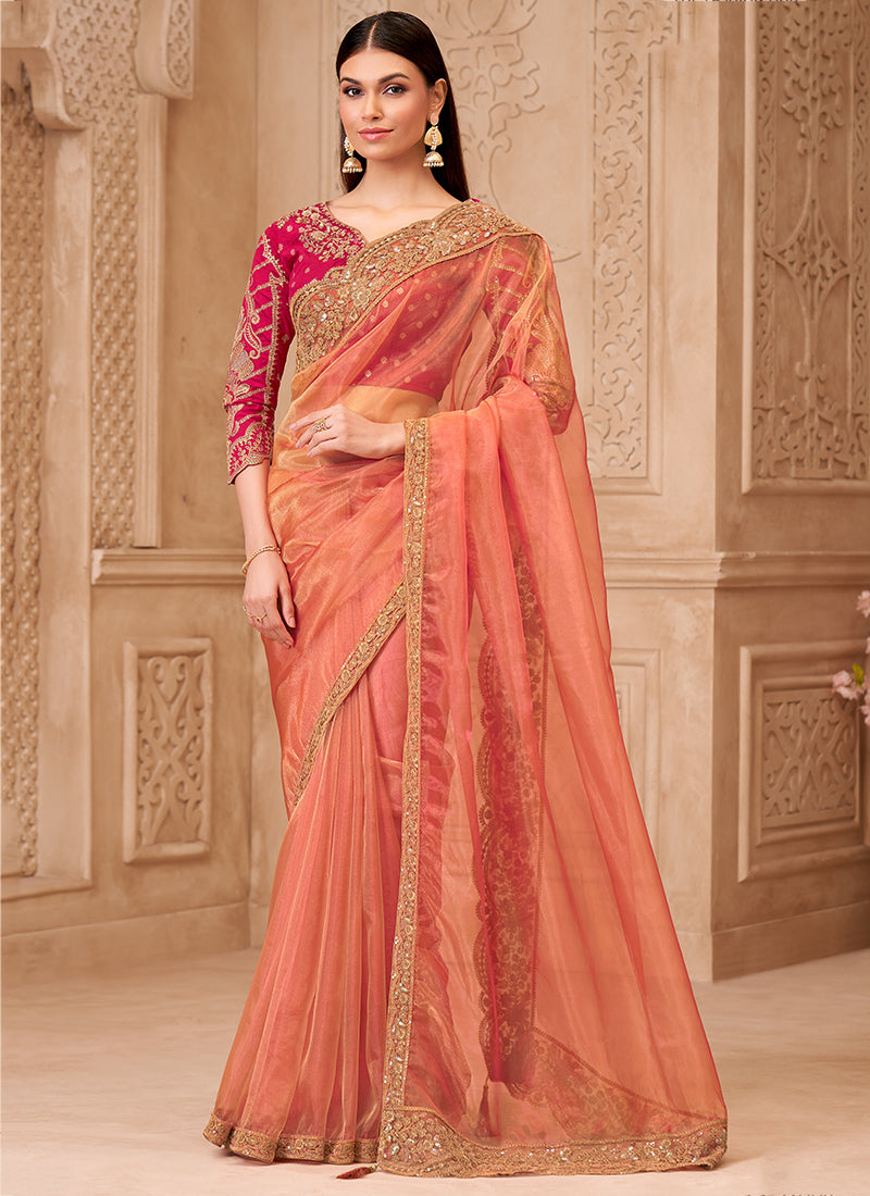 Georgette Orange Party Wear Embroidery Work Saree 385712