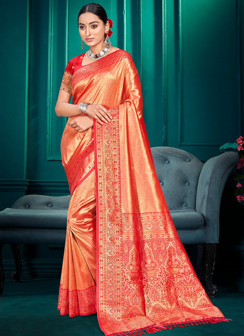 Kanjivaram Silk Orange Festival Wear Weaving Work Saree 388000