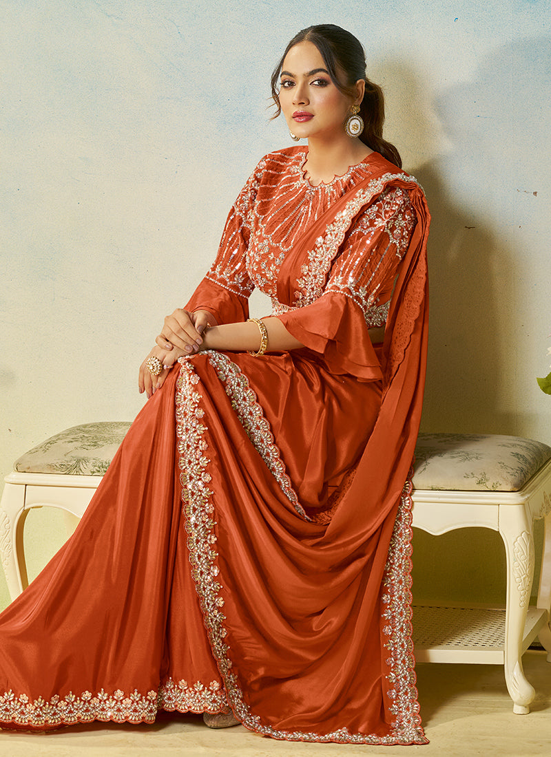 Orange Natural Satin Silk Sequin Work Party Wear Ready To Wear Saree SW852779